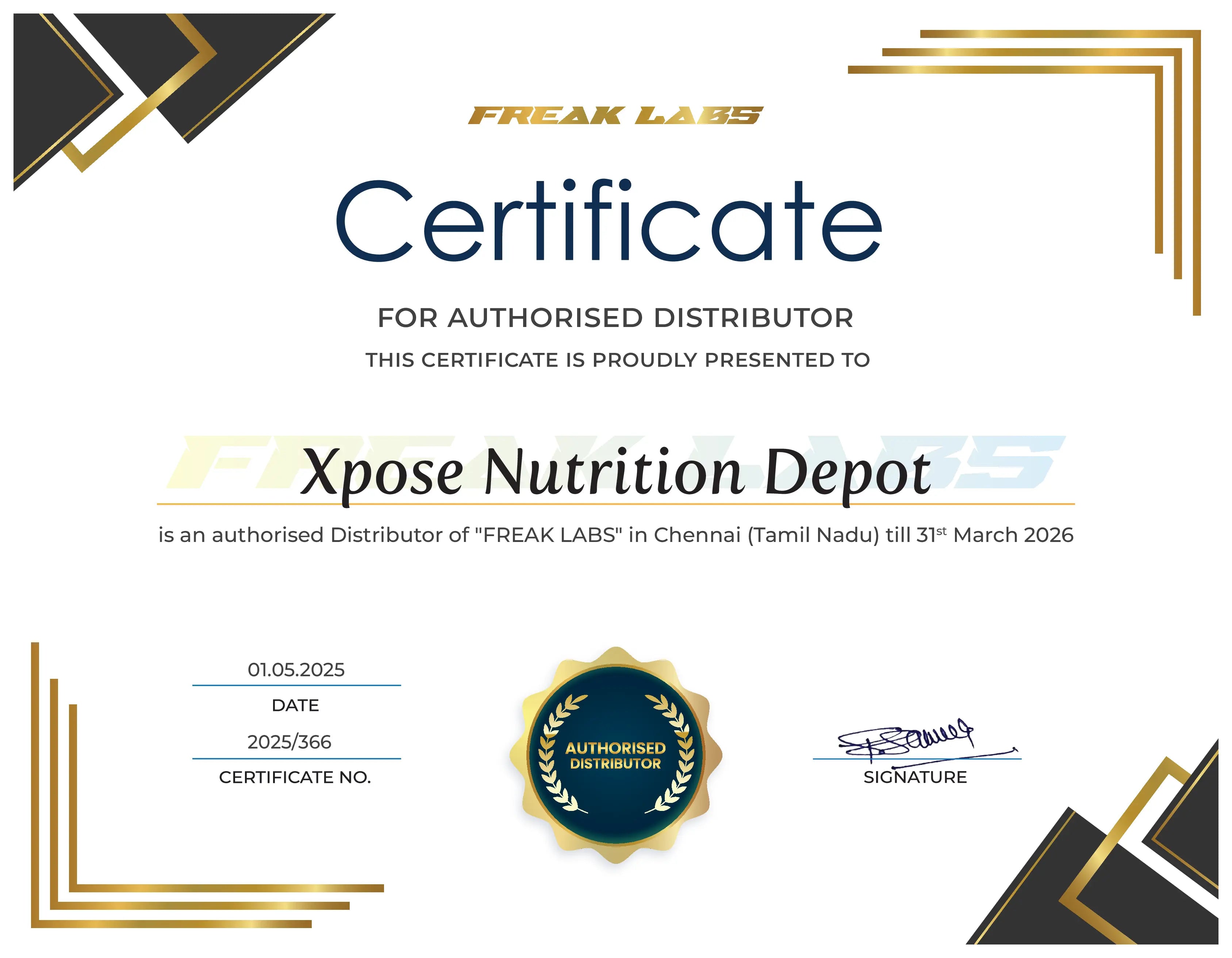 Certificate for authorised distributor of Freak Labs presented to Xpose Nutrition Depot