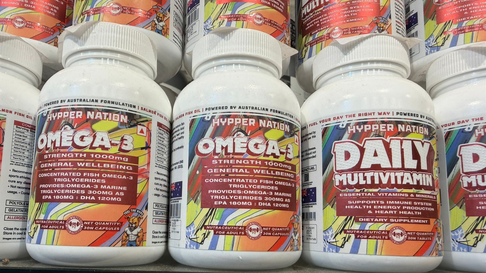 Supplement bottles including Omega-3 and Daily Multivitamin on a shelf.