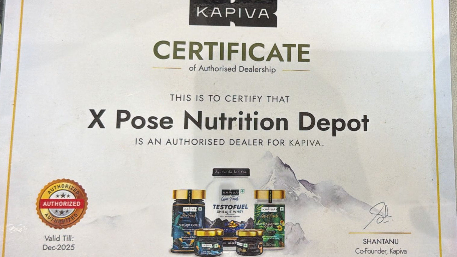 Certificate of Authorized Dealer for Kapiva from X Pose Nutrition Depot